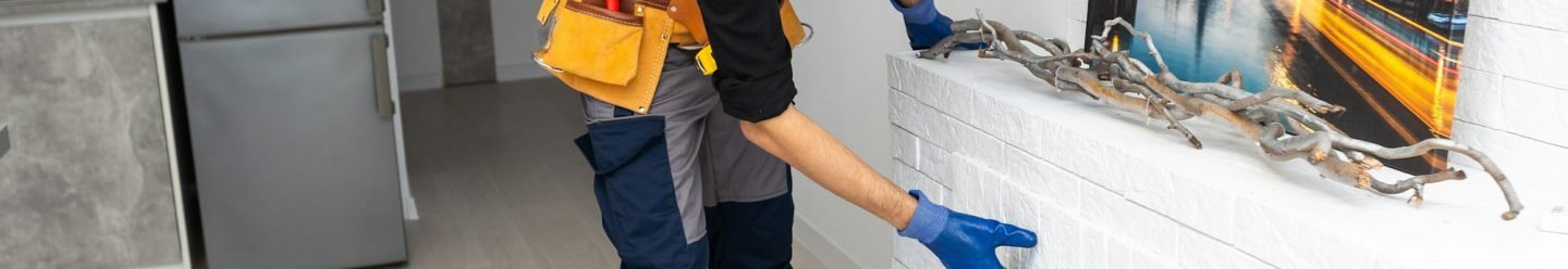 Service technician repairing a fireplace in a home